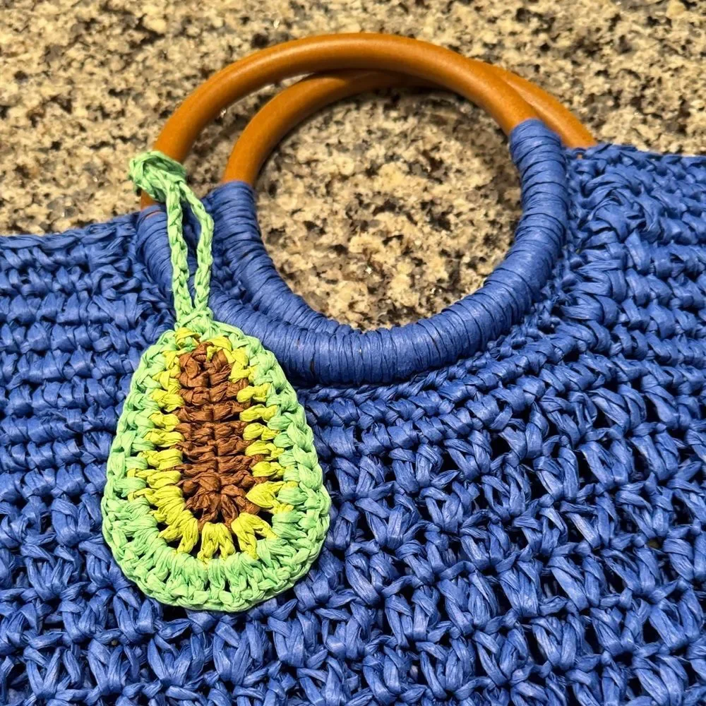 Blue straw Tote Bag with Wooden Handles